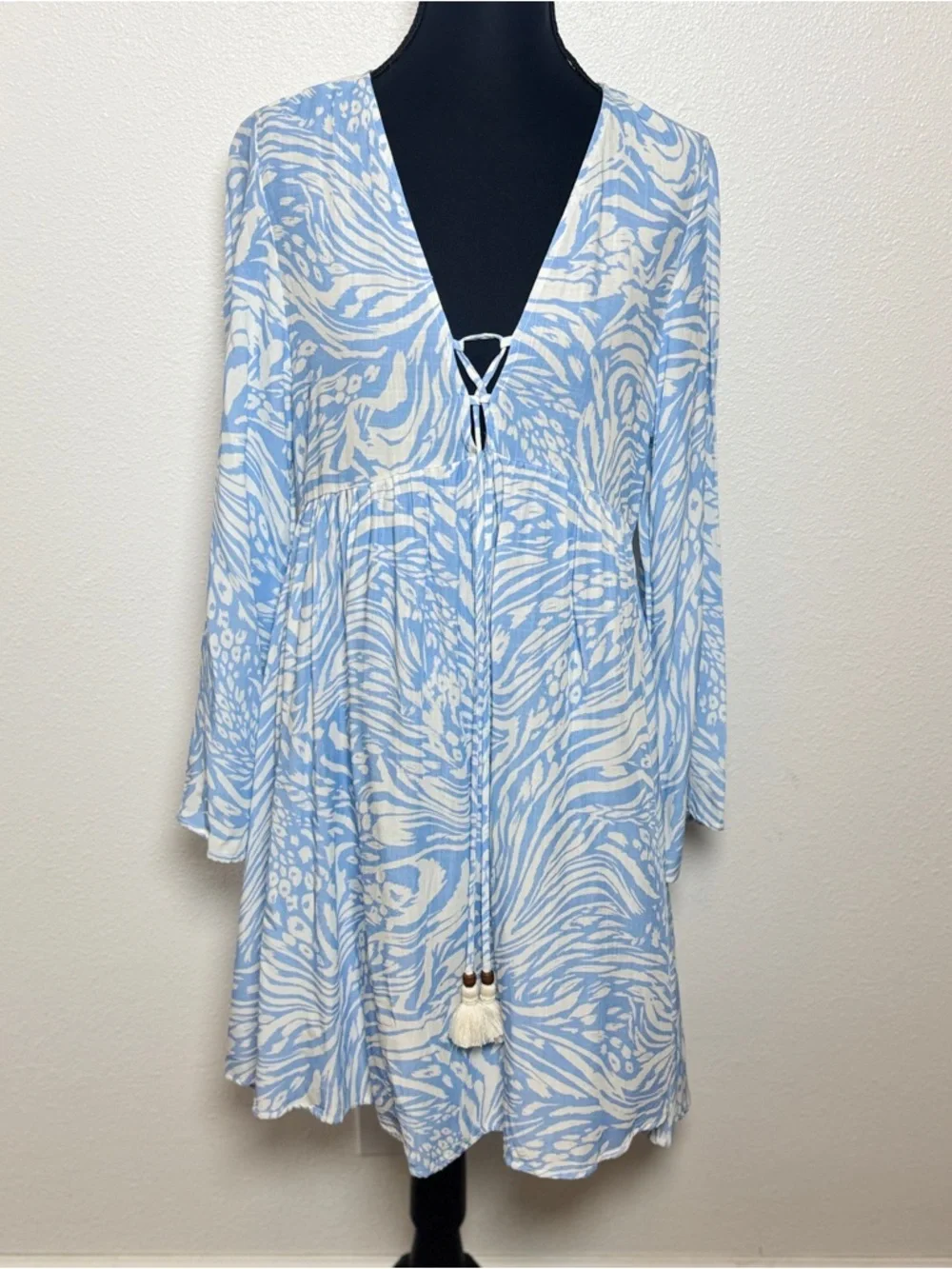 Maaji Helena Mini Dress M Blue White Boho Beach Cover Up Tassel MSRP $98 - Picture 3 of 8